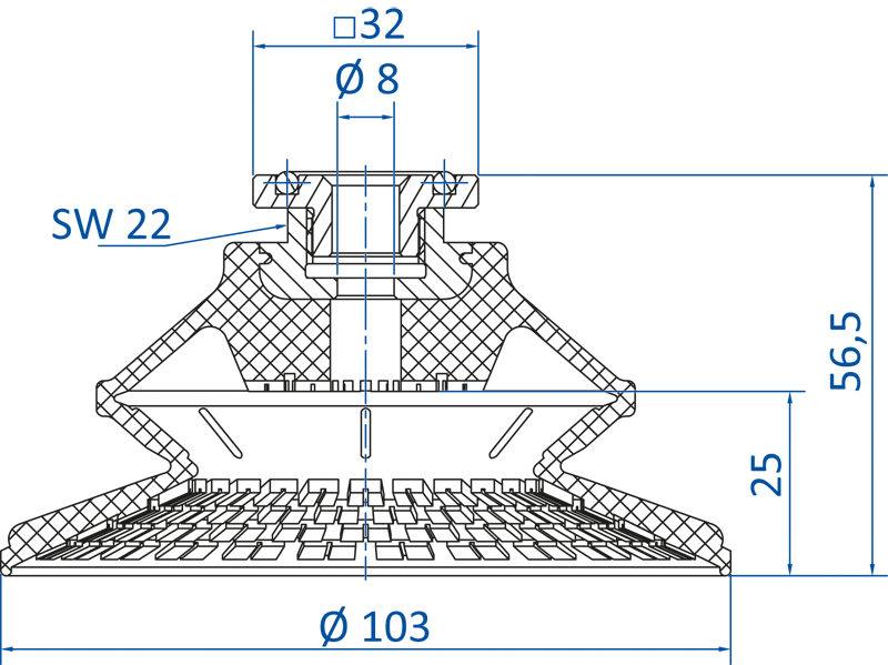 Размеры сильфонной вакуумной присоски FIPA серии SM-B 22.100.206